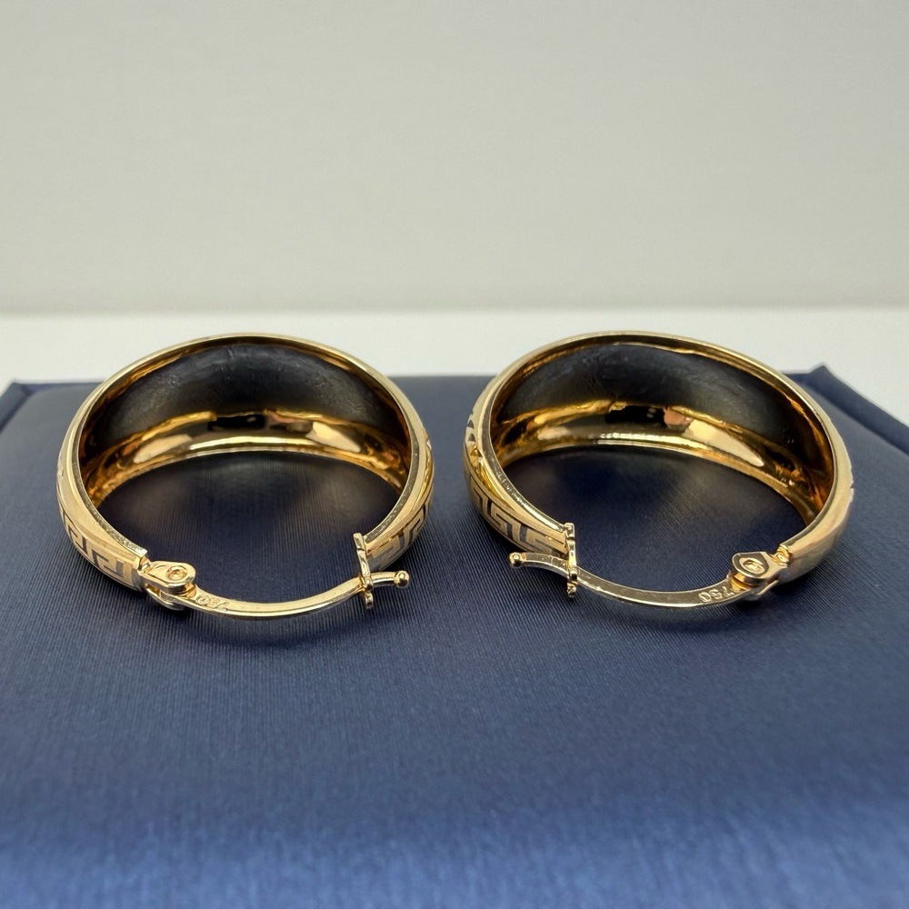 18K Genuine YG Gold Dome Hoop Earrings with Greek Design 23mm - Picture 5 of 13